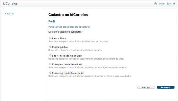 Tela de cadastro idCorreios
